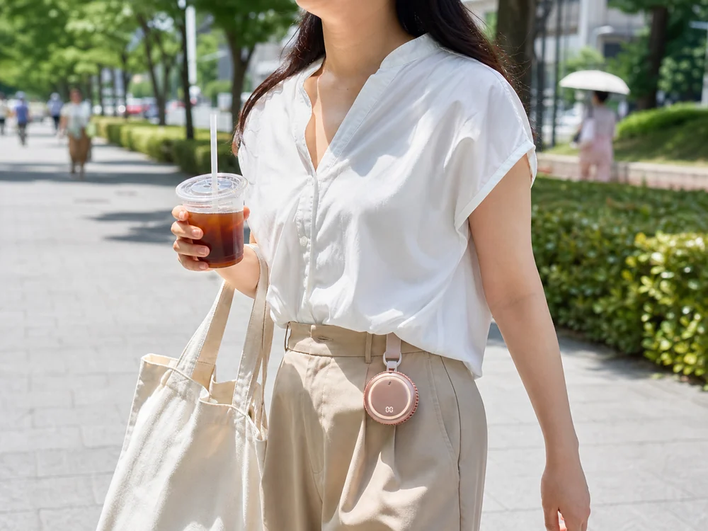 腰まわりに取り付けた丸型ファンで、両手を使いながら夏道を歩く様子