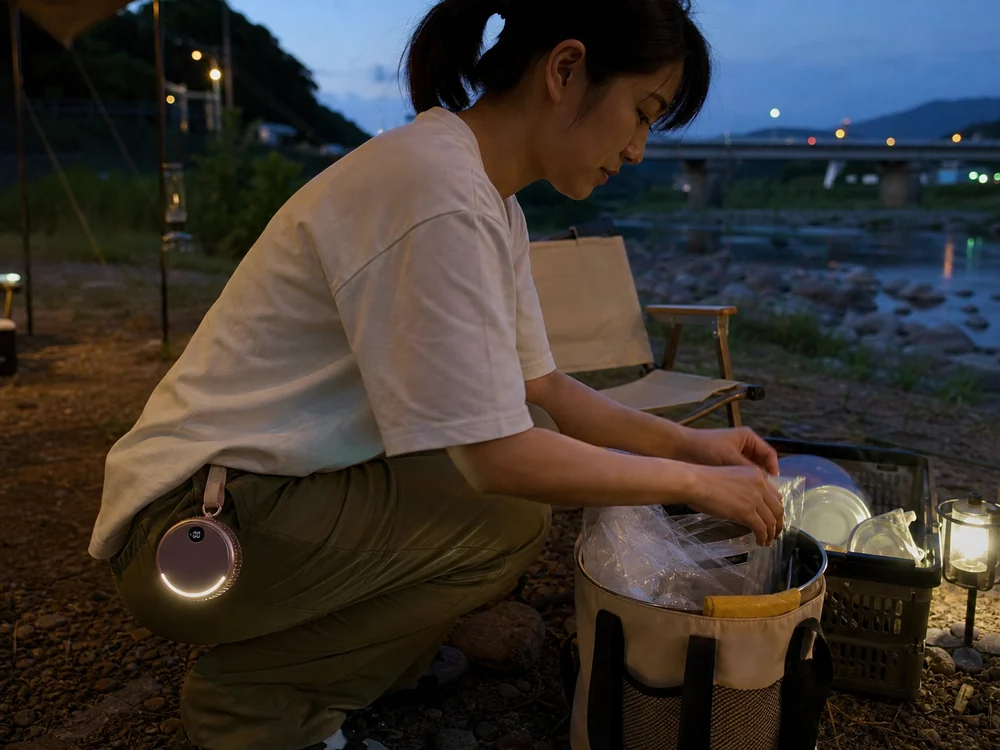 夕方の屋外で小さなライト付きファンを身につけ、両手で作業する様子