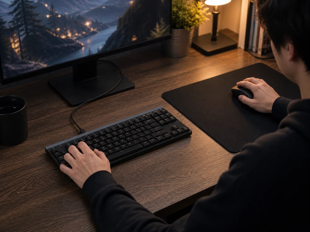 薄型キーボードとクロス製マウスパッドを組み合わせたデスク環境のイメージ