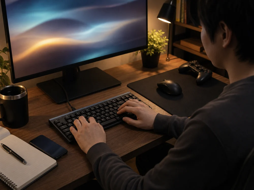 薄型ゲーミングキーボードで普段の入力とゲーム準備をしている様子