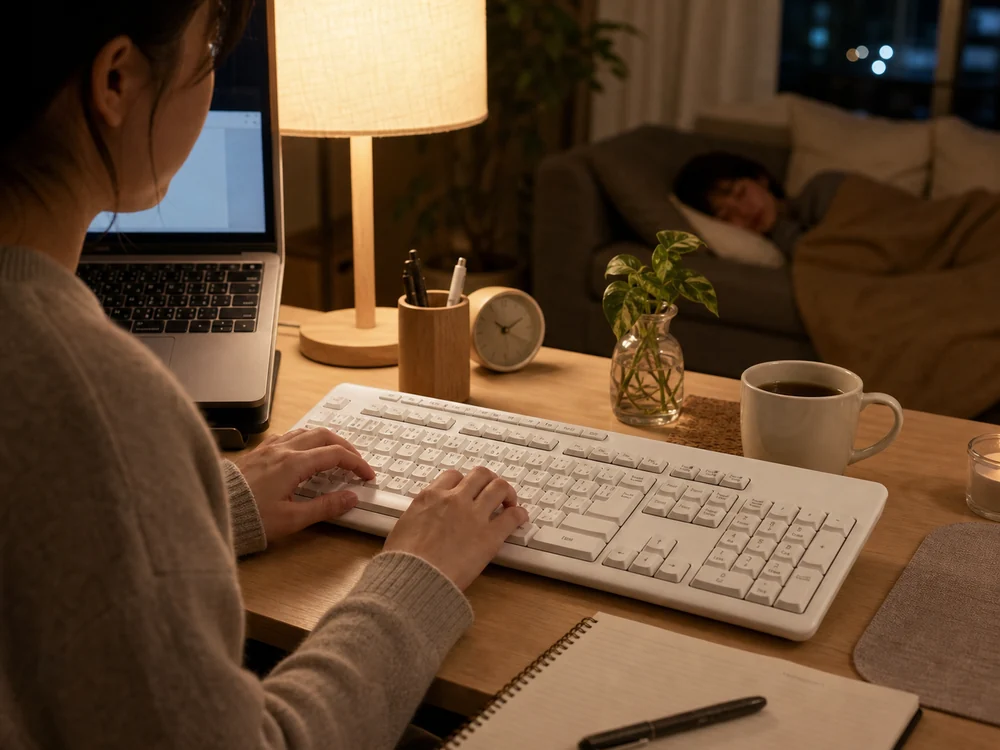 夜の部屋で飲み物のそばに置いたワイヤレスキーボードで静かに作業する様子