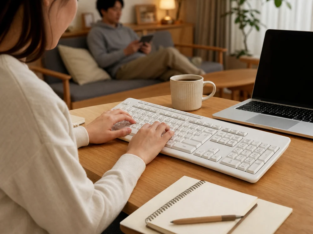 リビングで静かに文章入力しているオフホワイトのワイヤレスキーボード