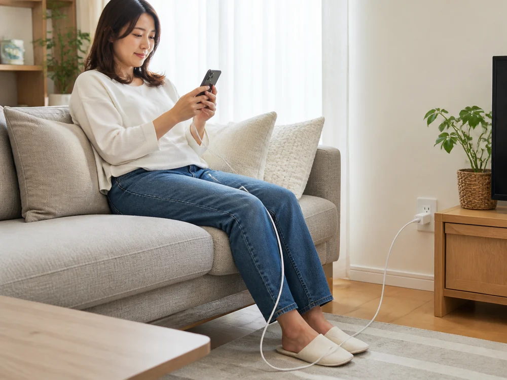 ソファ横で白いUSB-Cケーブルをスマートフォンにつないで使う様子