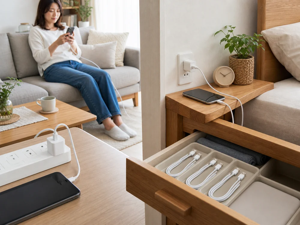 家の中で白いUSB-Cケーブル3本を置き分けて使うイメージ