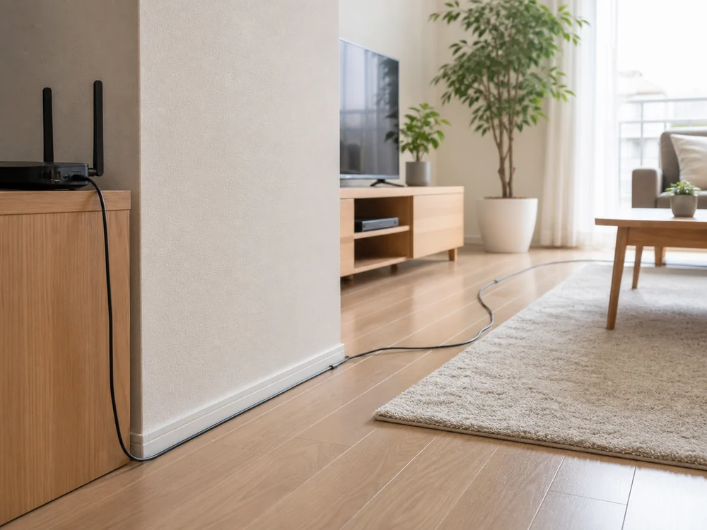 リビングでテレビまわりへ壁沿いに配線された黒いフラットLANケーブル