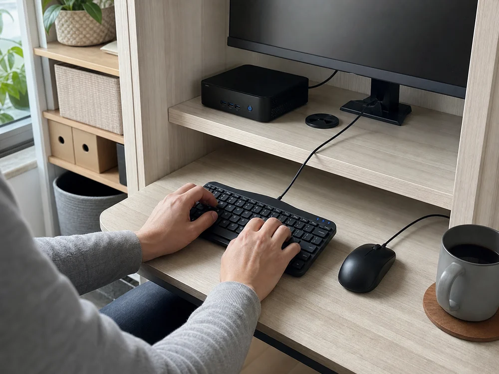 ミニPCの横で省スペースに使える超小型有線キーボードのイメージ