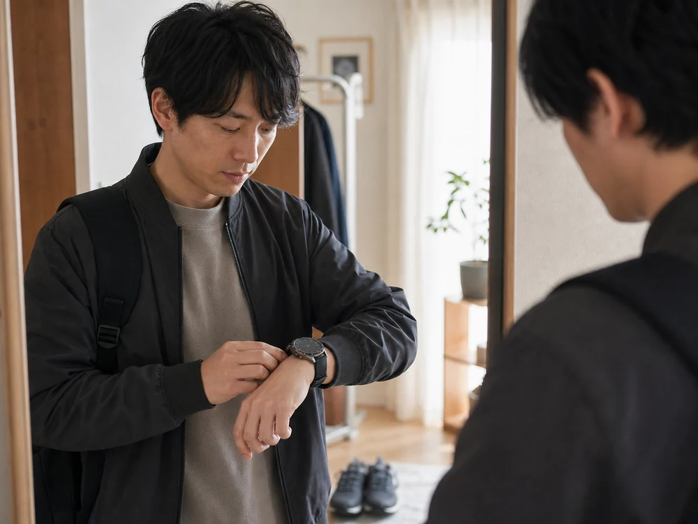 外出前にダークグレーの丸型スマートウォッチを装着してサイズ感を確かめる様子