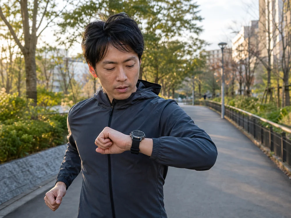 朝のジョギング中にダークグレーの丸型スマートウォッチで記録を確認する様子