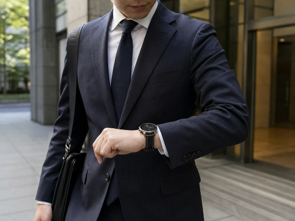 スーツ姿の腕元でMibro Watch GTブラックレザーを確認する使用イメージ