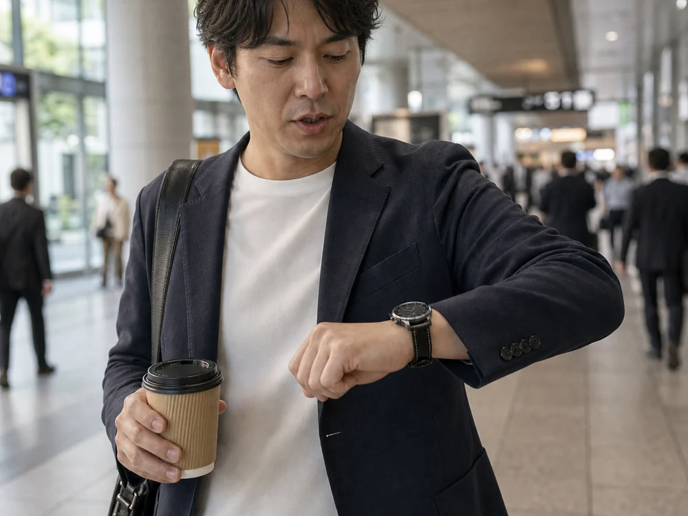 移動中にMibro Watch GTブラックレザーを確認する使用イメージ