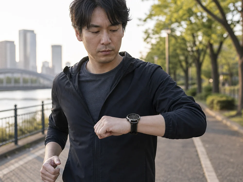 屋外でMibro Watch GTブラックレザーの表示を確認する使用イメージ