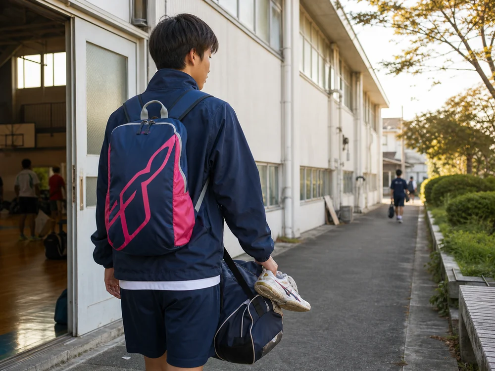 荷物が増えた部活帰りにネイビーとピンクのポケッタブルバックパックを背負う様子