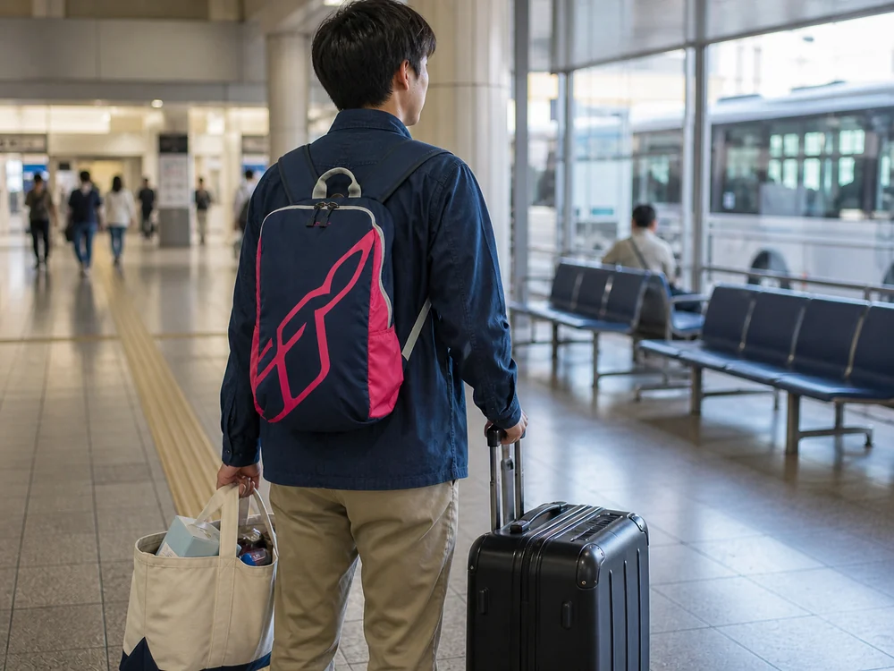 旅行帰りに増えた荷物をネイビーとピンクのバックパックに分けて持つ様子