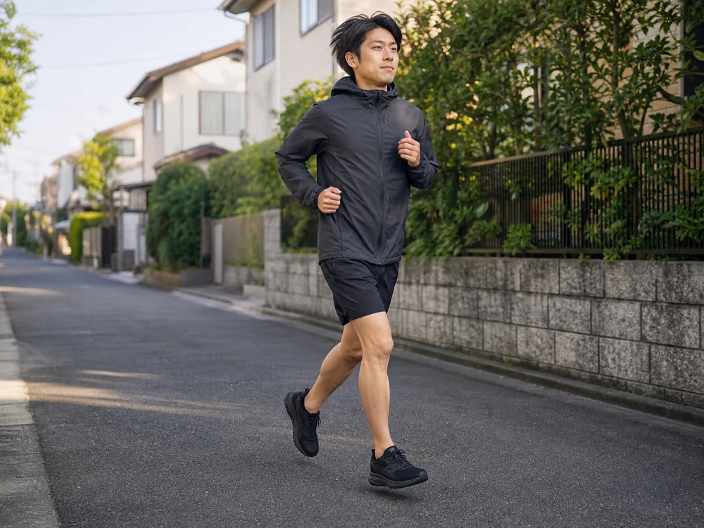 黒いウエーブリボルト 3を履いて住宅街の舗道を軽く走る人