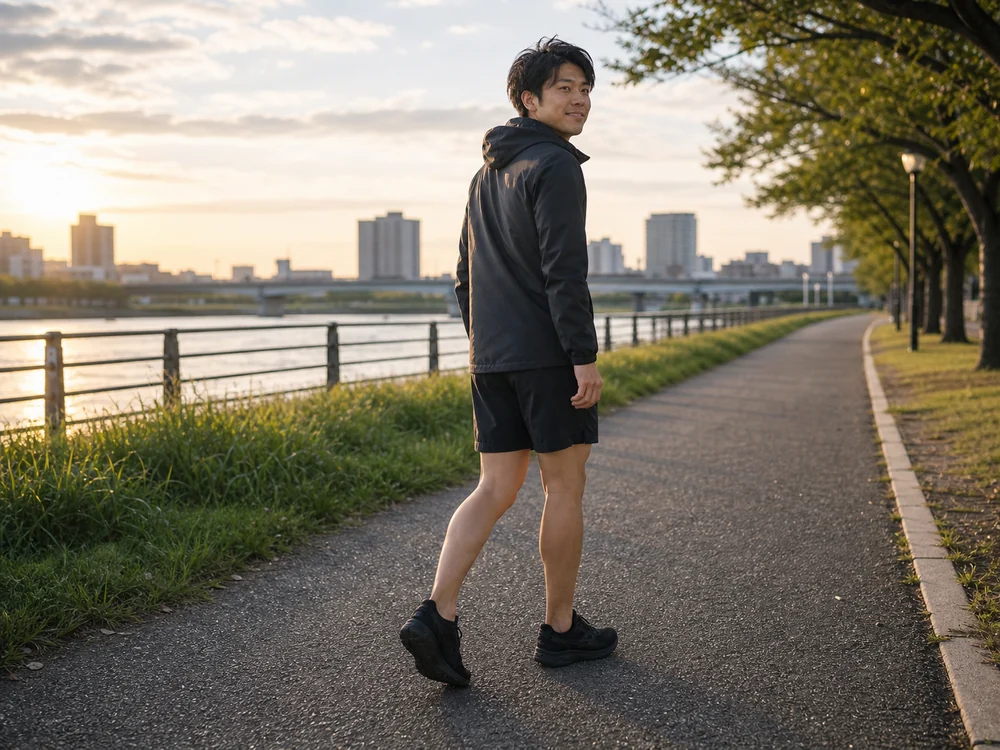 黒いウエーブリボルト 3で川沿いを歩き終えて振り返る人
