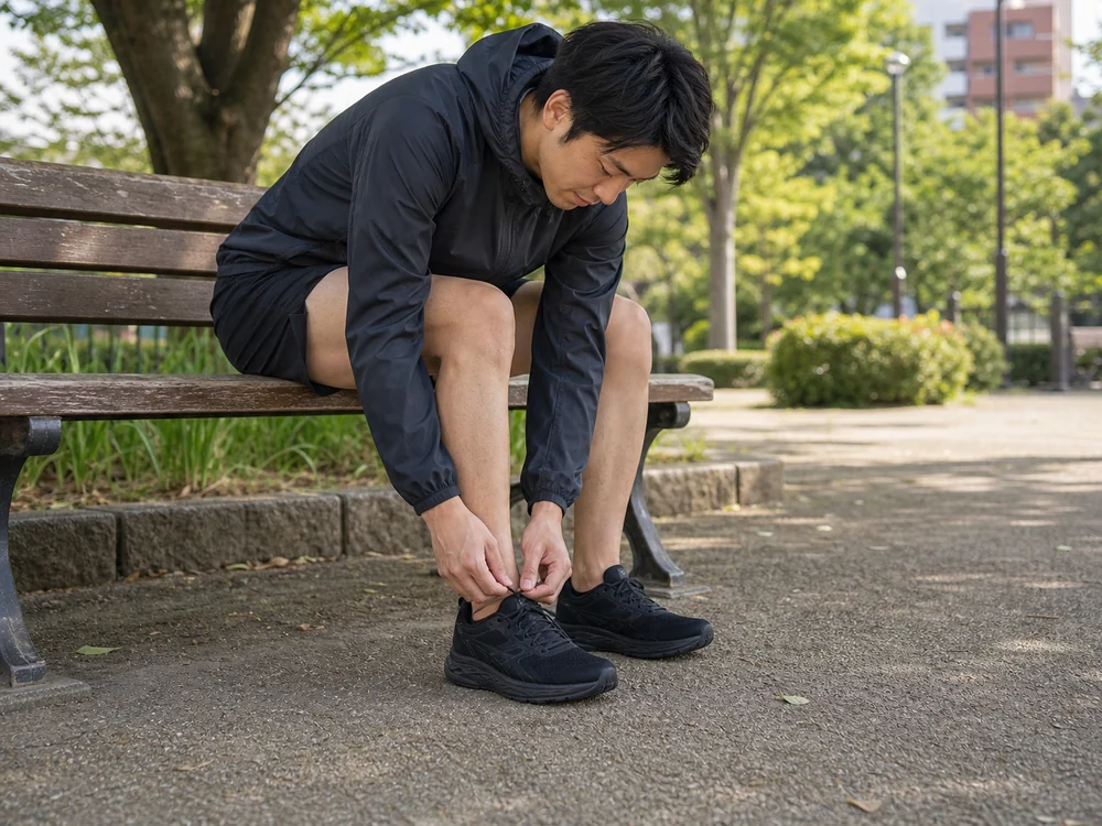 黒いウエーブリボルト 3を履いて公園のベンチで靴ひもを整える人