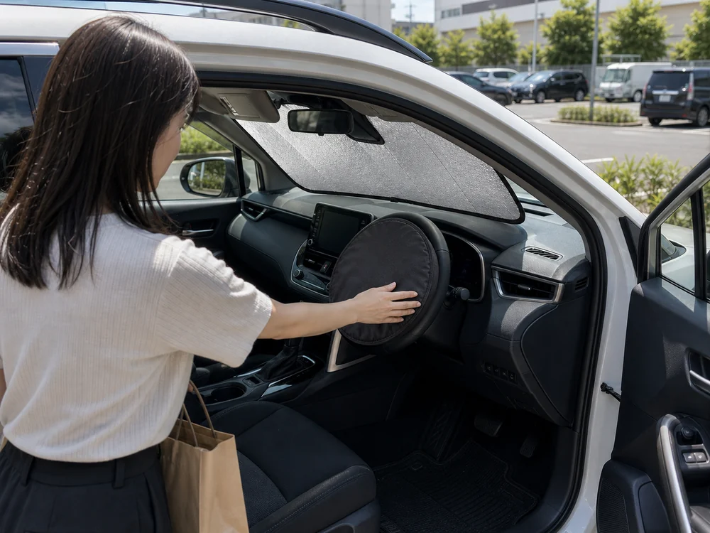 駐車後のカローラクロスでハンドルカバー兼収納袋に手を添える様子