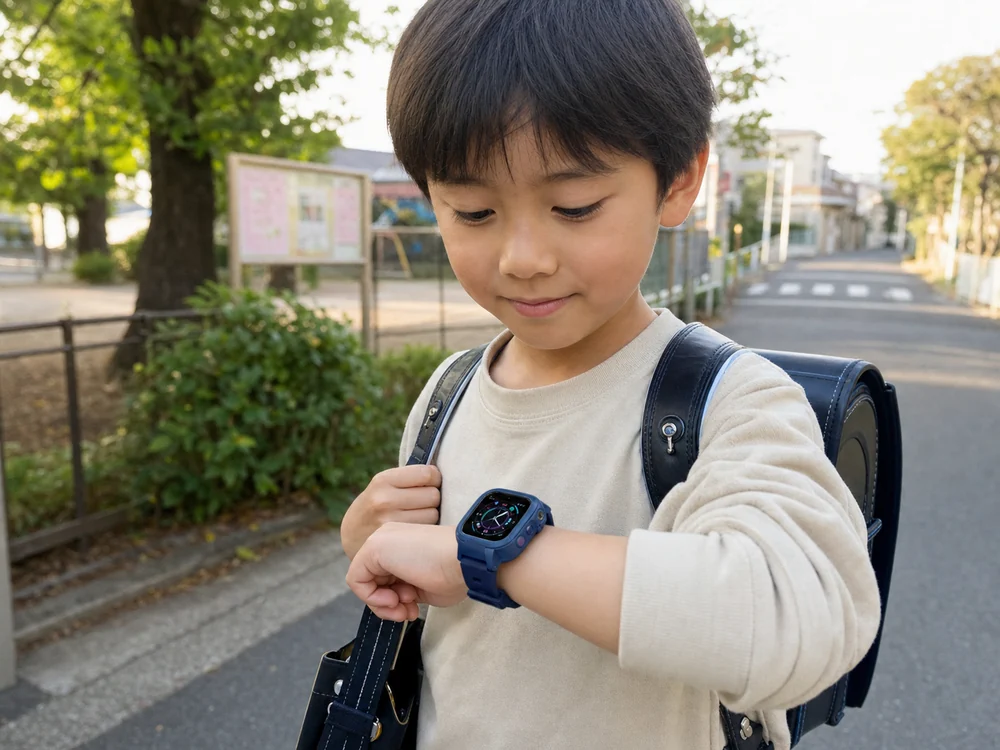 下校前にネイビーのキッズスマートウォッチで時間を確認する子どものイメージ