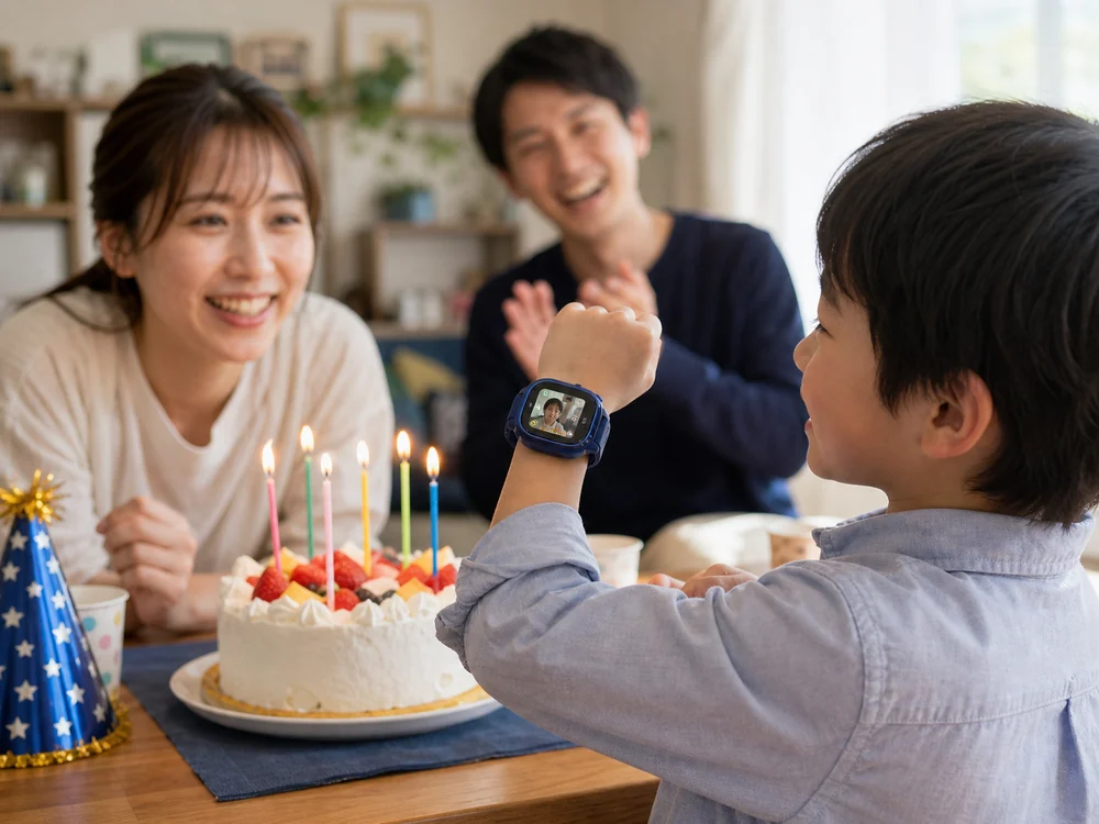 ネイビーのキッズスマートウォッチで家族の時間を楽しむ子どものイメージ