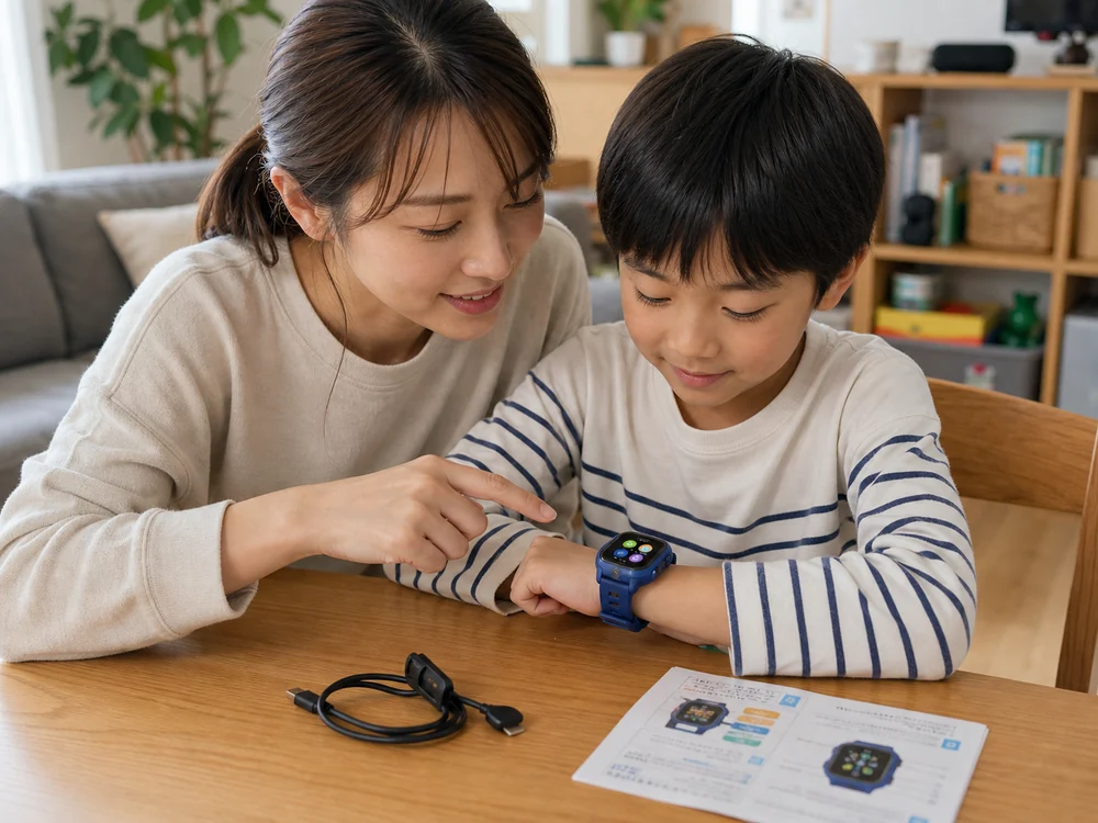保護者がネイビーのキッズスマートウォッチの使い方を一緒に見ているイメージ