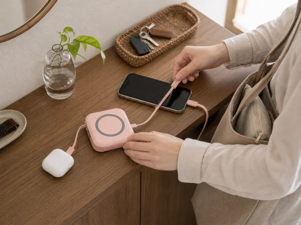 内蔵ケーブルを使って出発前に機器をまとめて整えるモバイルバッテリー