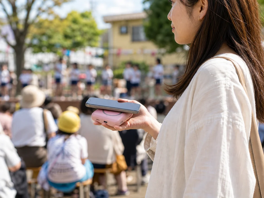 屋外イベントでスマホの電池残量を気にせず使いやすいローズピンクのモバイルバッテリー