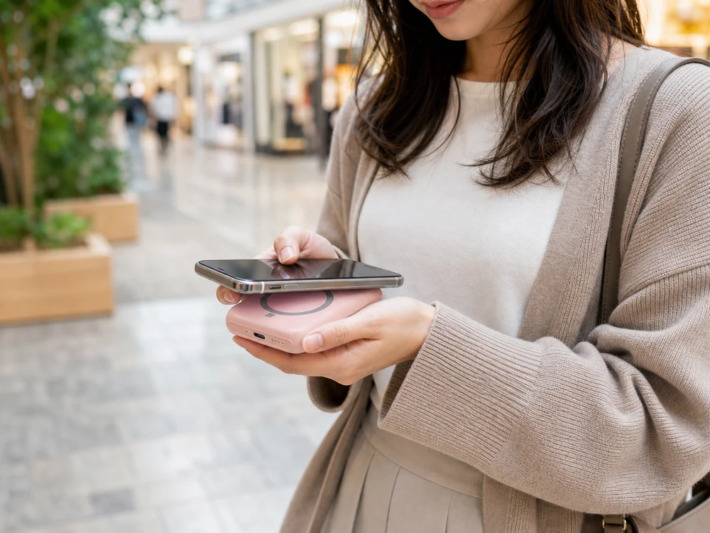 外出先でスマホを重ねて使うローズピンクのワイヤレス対応モバイルバッテリー