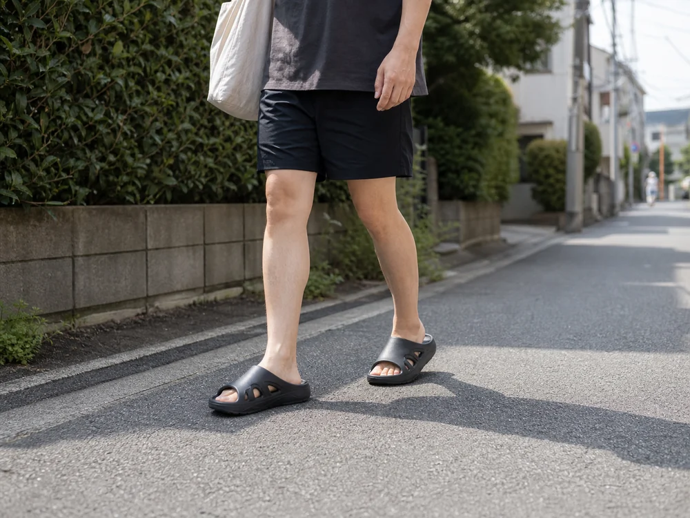 近所の短い外出で黒系のリカバリーサンダルを自然に履いて歩く様子