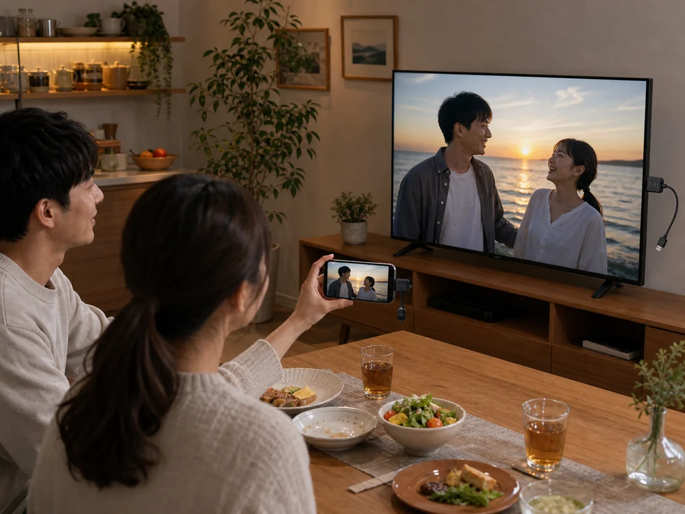 小型ワイヤレスHDMIアダプターでスマホの写真をテレビに共有している家庭内の場面