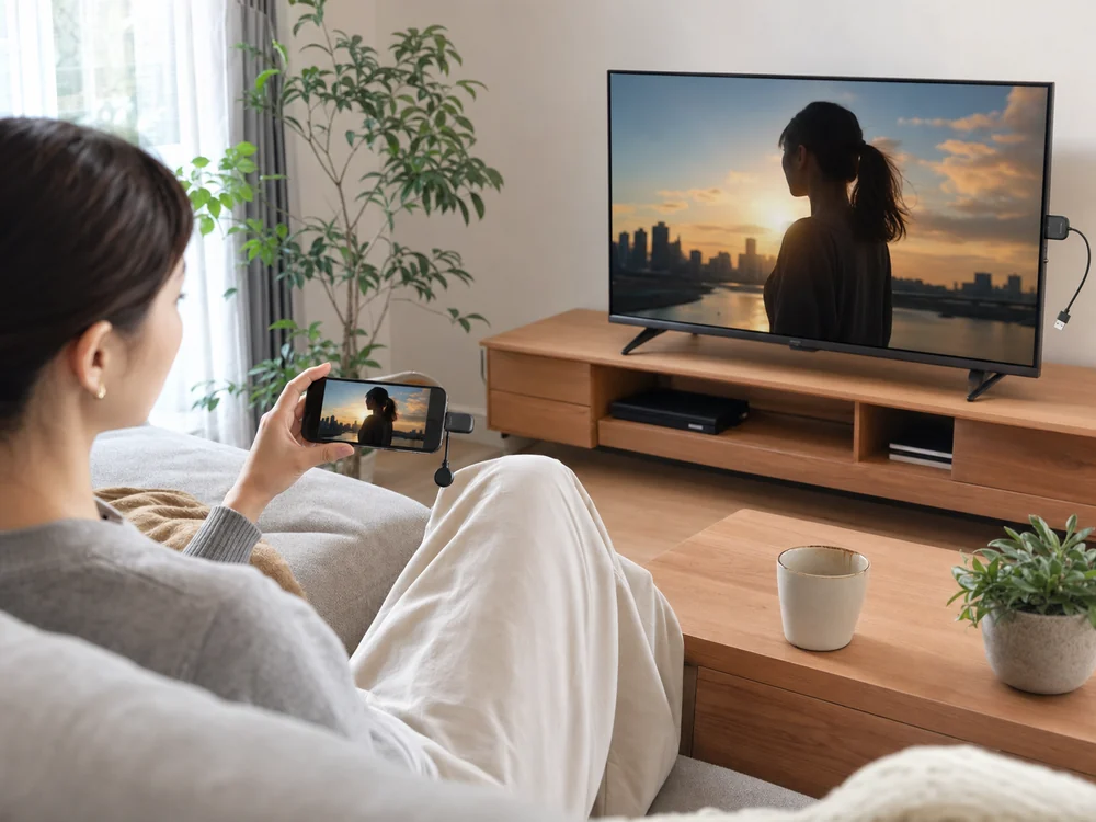 USB-C接続の小型ワイヤレスHDMIアダプターでスマホ映像をテレビに映しているリビングの様子
