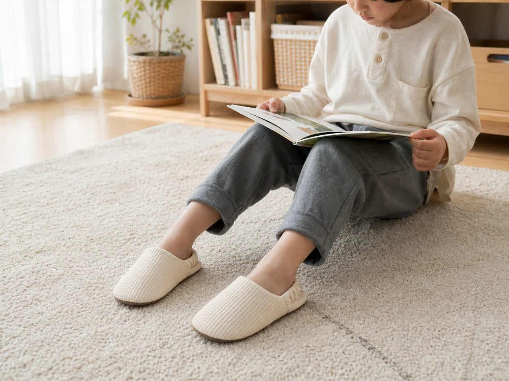 コットンワッフルのキッズスリッパを子どもがリビングで履いて過ごすイメージ