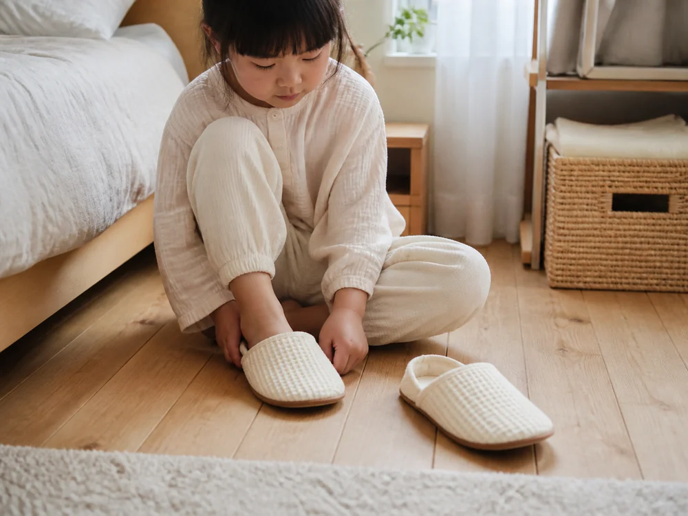 コットンワッフルのキッズスリッパを朝の支度で履くイメージ