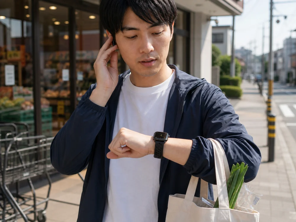黒いスマートウォッチで通知を見ながら外出中に手元で対応する場面