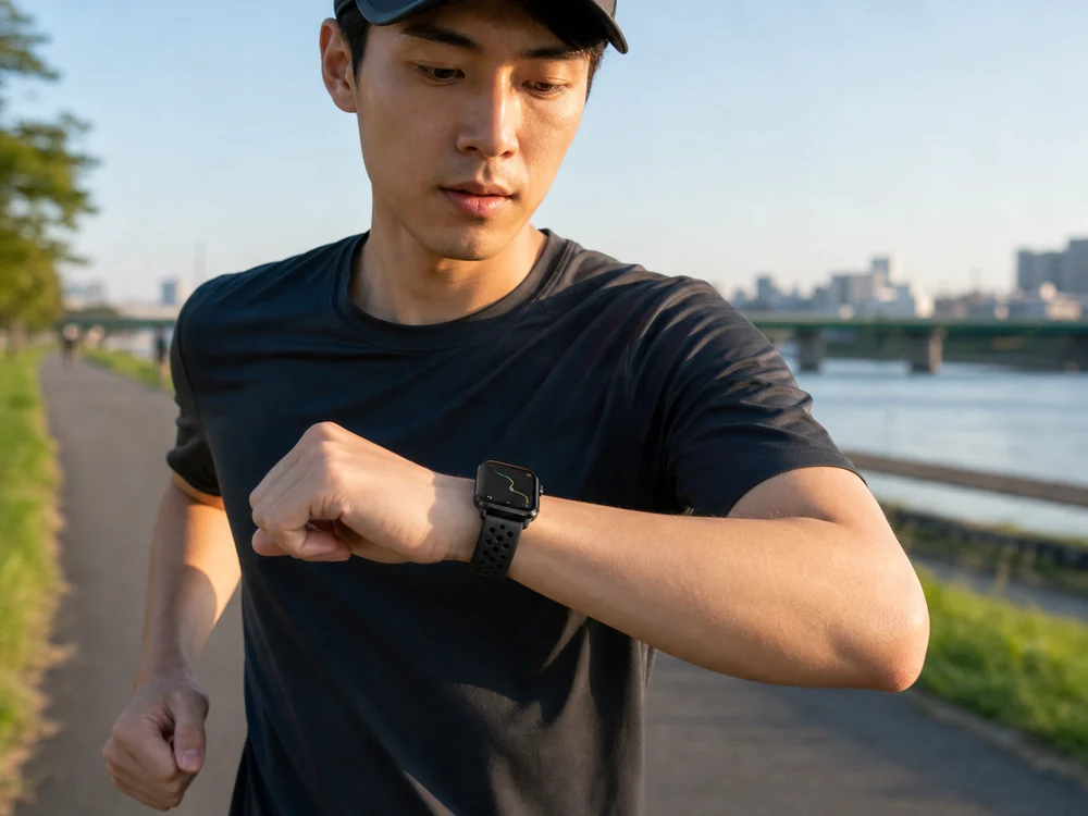 黒いGPSスマートウォッチを着けて川沿いを走りながら画面を確認する場面