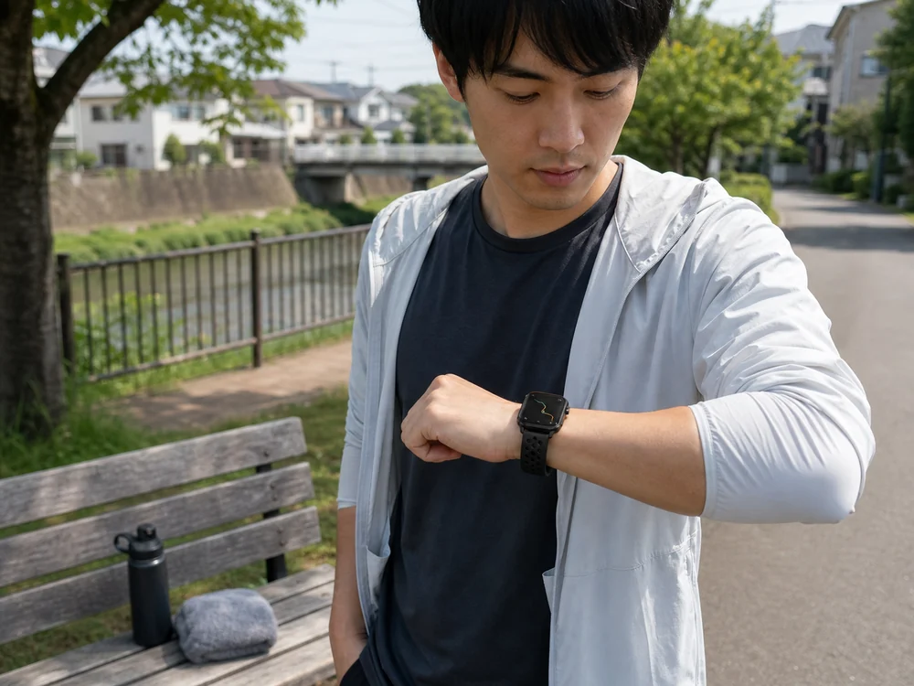 散歩後に黒いスマートウォッチのルート画面を見ながら使い勝手を確かめる場面