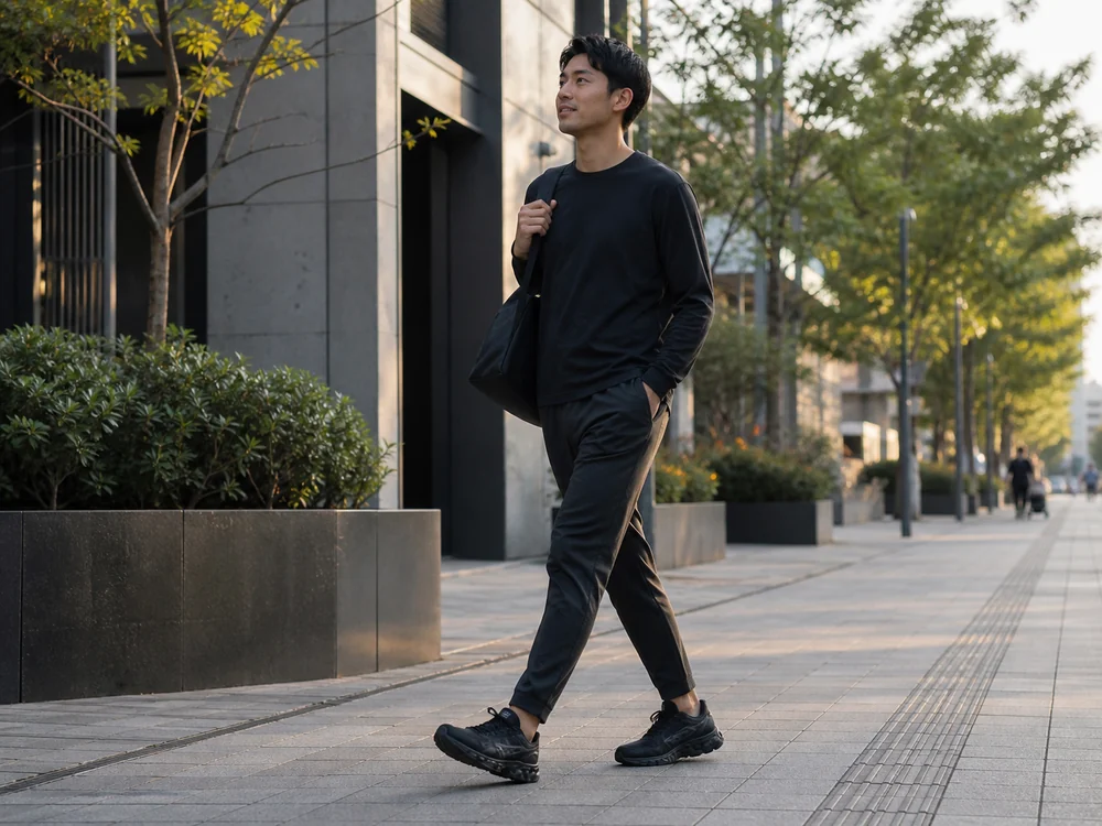 黒のCloudmonster 2を履いて街中を歩く男性の足元