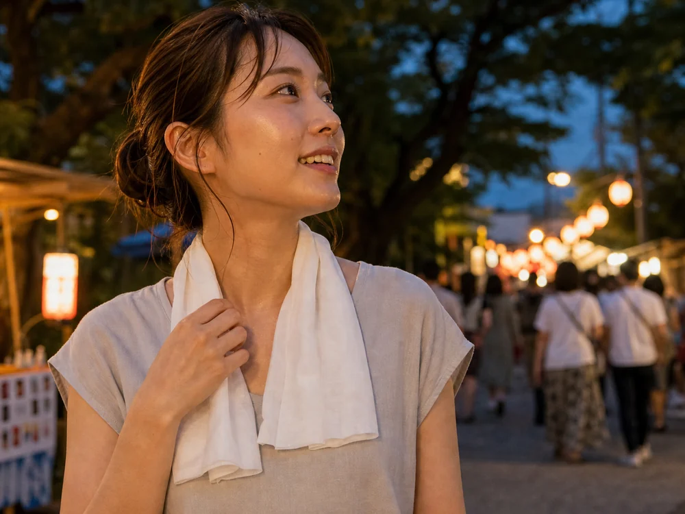夏祭りの会場へ向かう途中に首元へ冷却タオルをかけて涼む様子