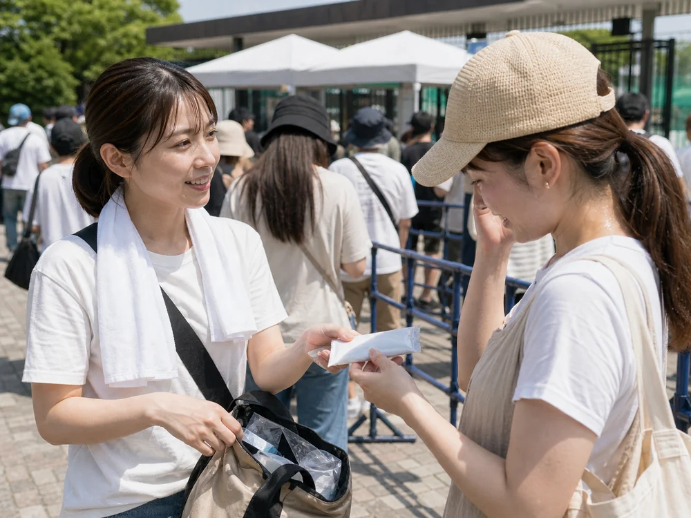 屋外イベントの列で冷却タオルを分け合うイメージ