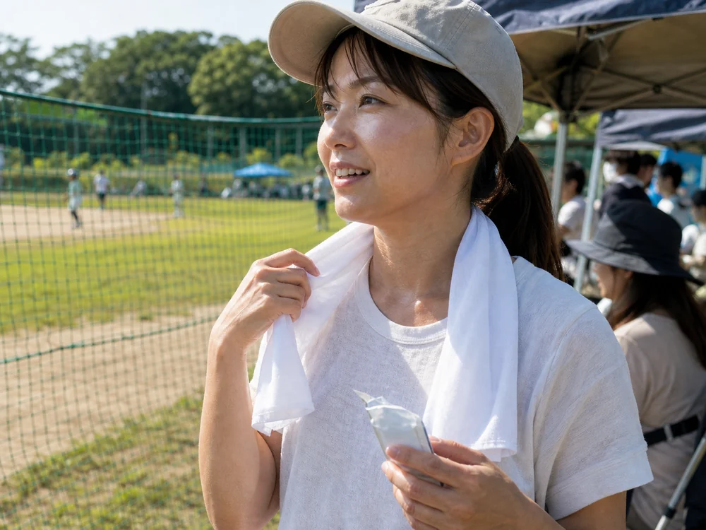 屋外スポーツの観戦中に個包装の冷却タオルを首へかける様子