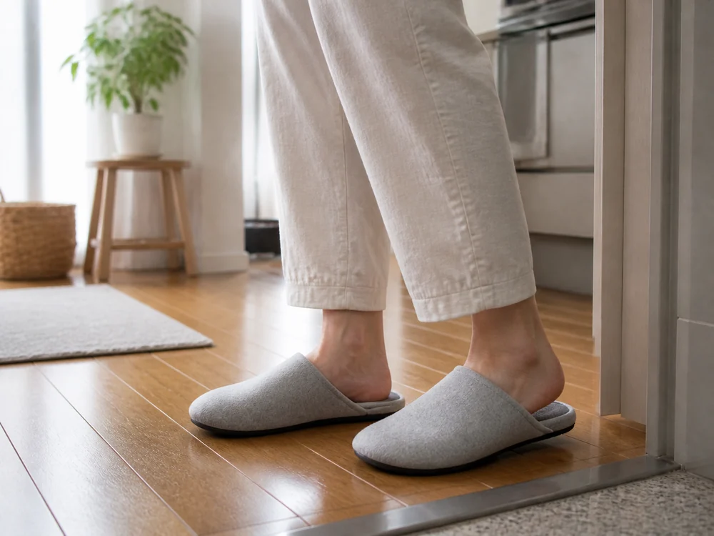 朝の室内でグレーのルームシューズを履くイメージ