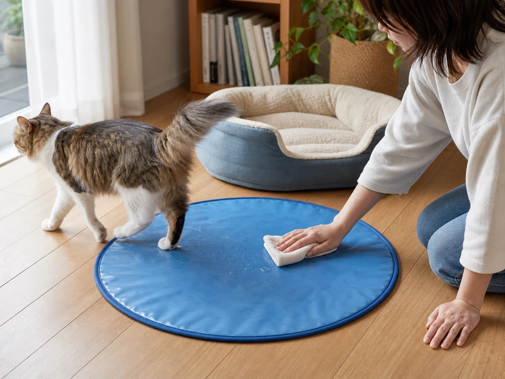 青い円形冷却マットの表面を布で拭く飼い主と横を歩く猫