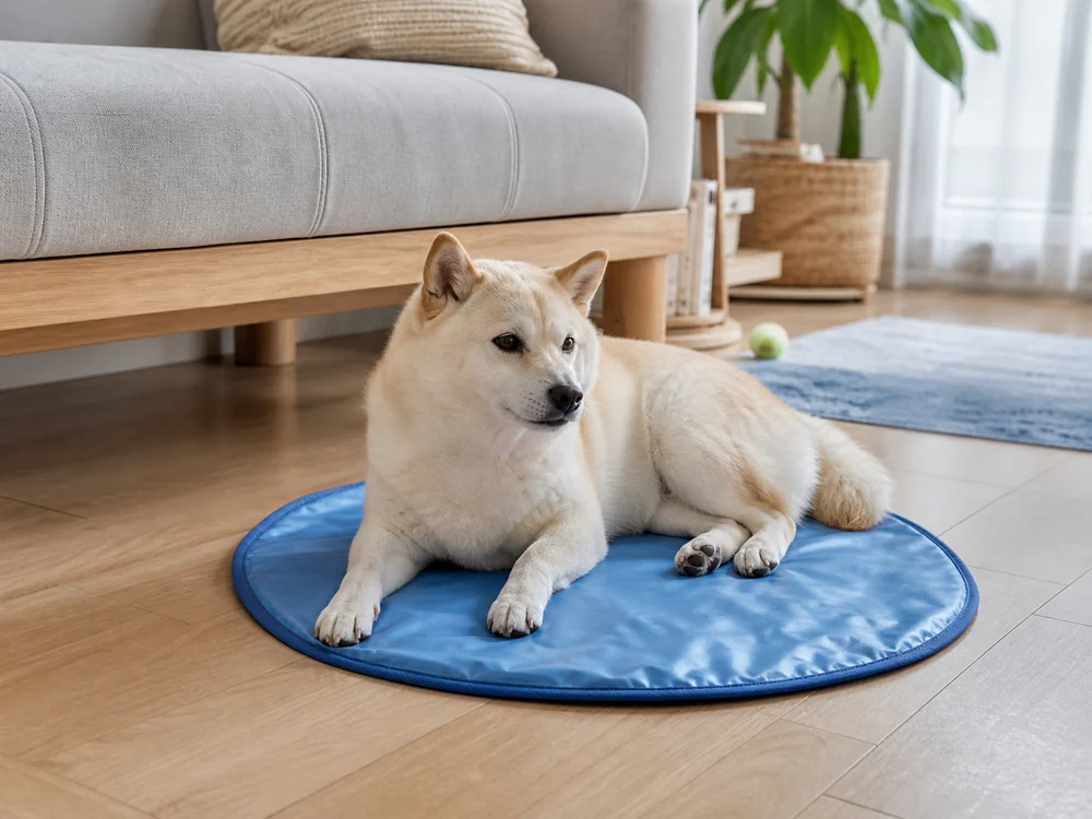 リビングの床で青い円形冷却マットの上に寝そべる小型犬