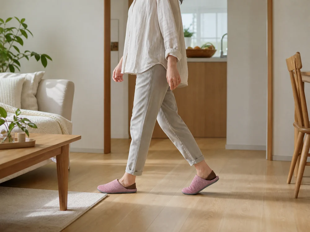 タオル風のピンクのルームシューズを履いて家の中を歩くイメージ