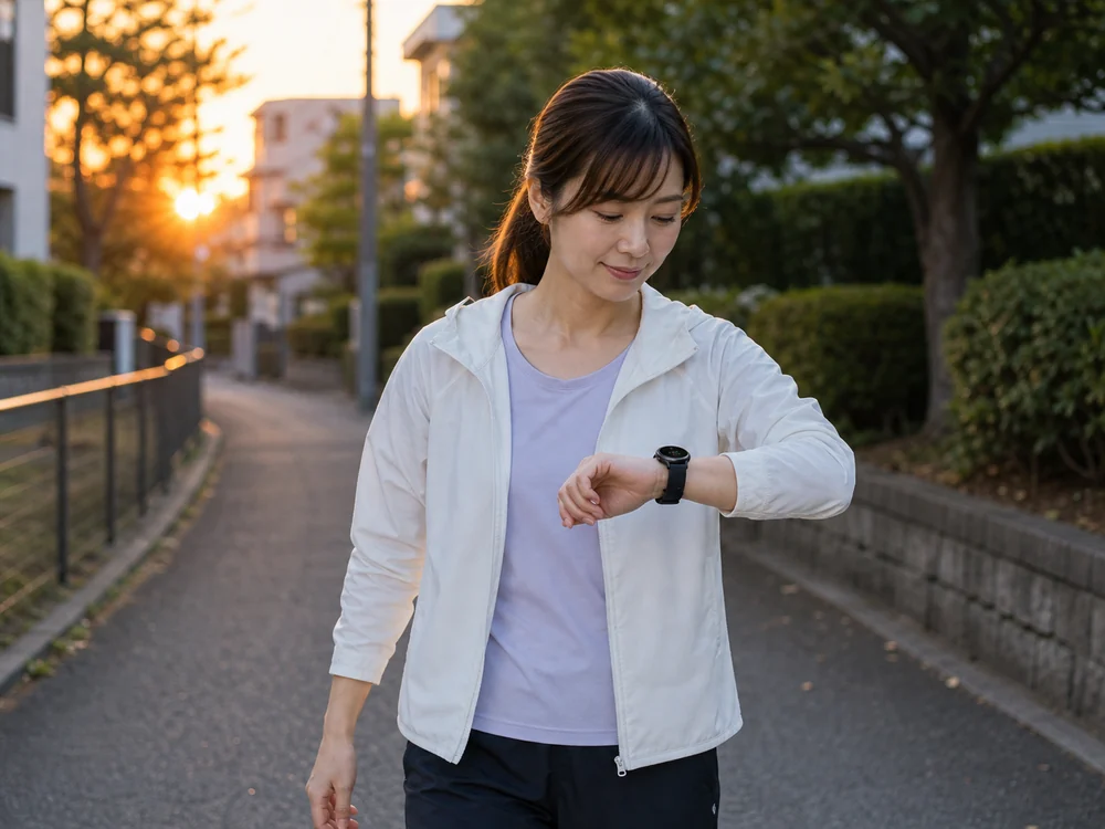 夕方の散歩中に黒い丸型スマートウォッチを見る人物