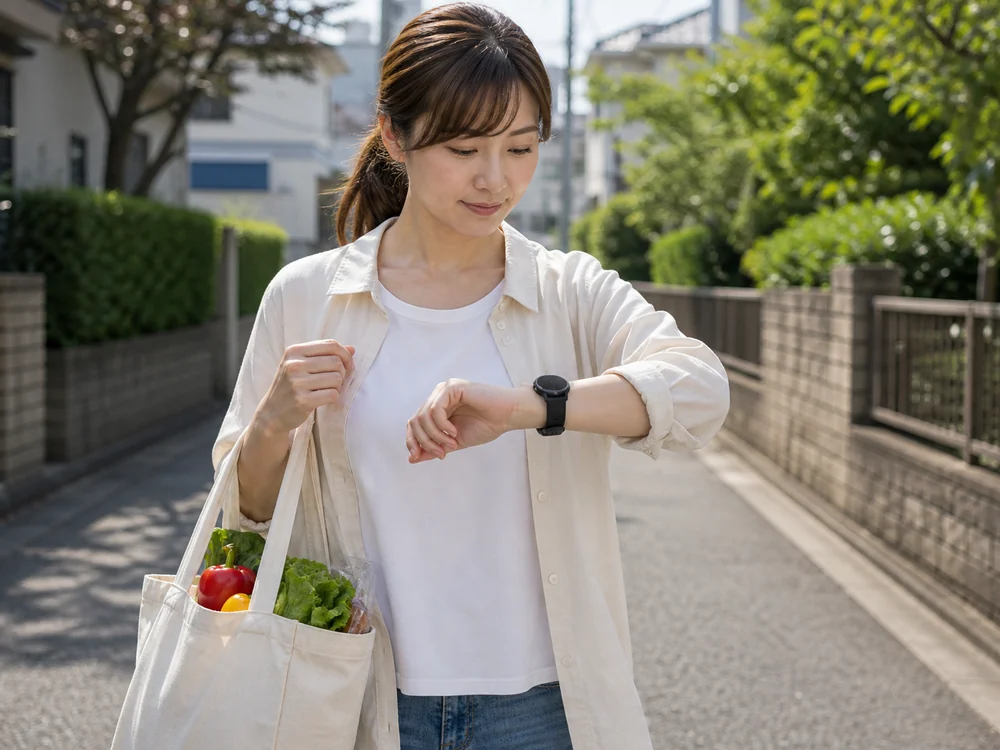 買い物帰りに黒い丸型スマートウォッチで通知を確認する人物