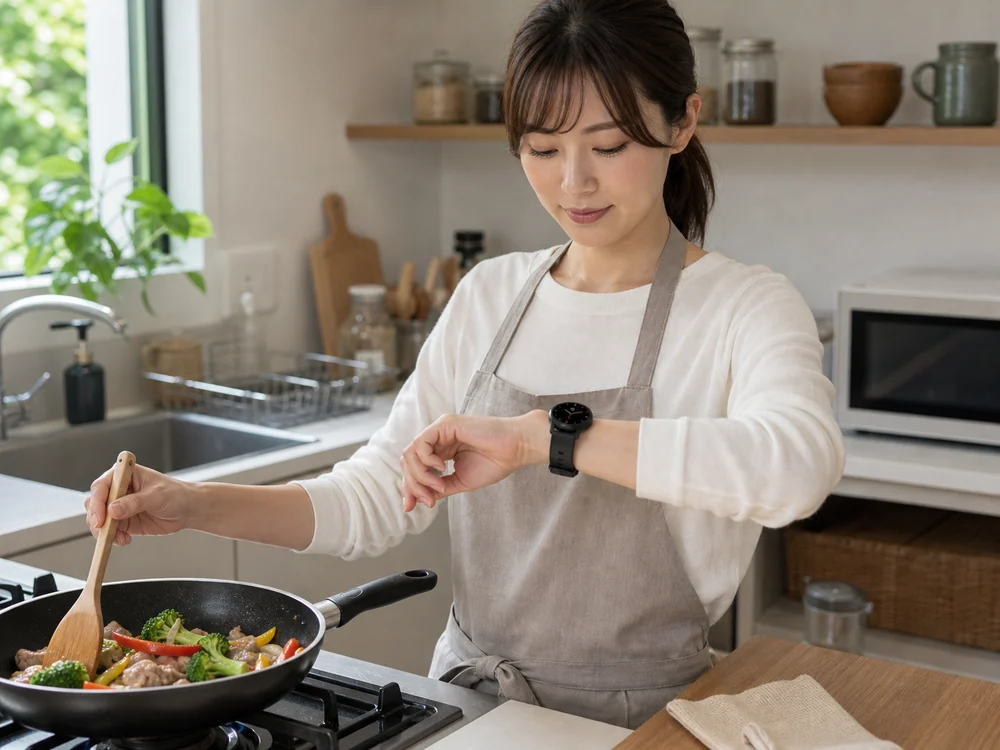 家事中に黒い丸型スマートウォッチで通知を確認する人物