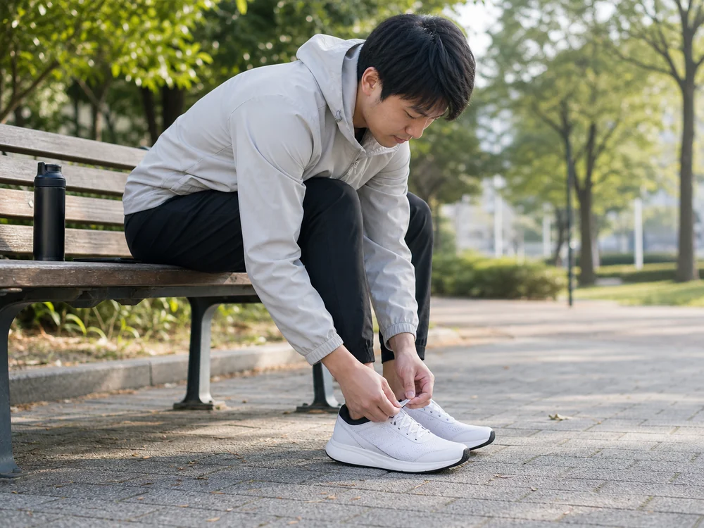 公園のベンチでSOFTRIDE EXO SHIFTのひもを調整して履き心地を確かめる様子