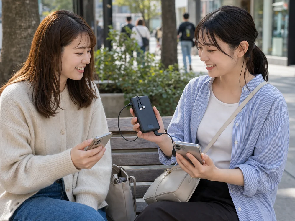 外出先で友人同士のスマホ充電に備えてモバイルバッテリーを持っている様子