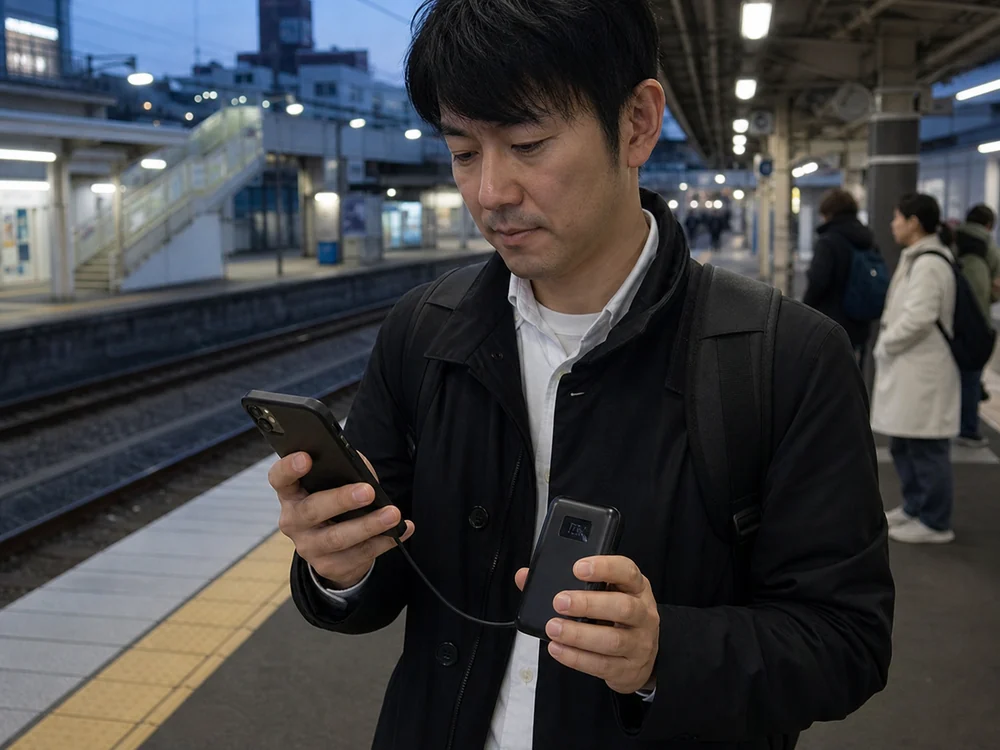 駅のホームで内蔵コネクター付きモバイルバッテリーをスマホに直接つないでいる様子