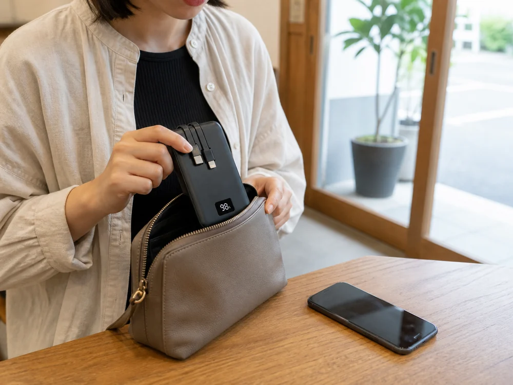 小さなバッグから薄型モバイルバッテリーを取り出し残量表示を確認している様子